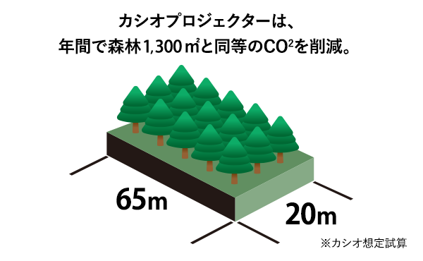 カシオプロジェクターは年間で森林2,500㎡と同等のCO2を削減。